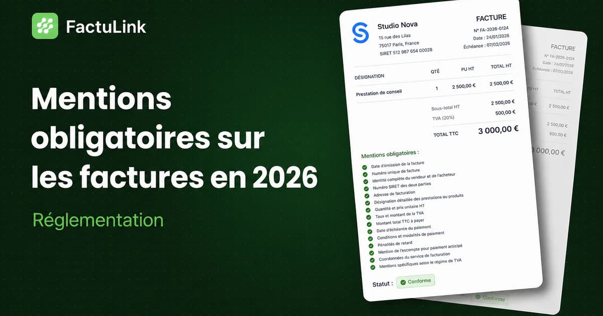 Modern flat illustration of a digital invoice with glowing checkmarks representing mandatory fields, French business env