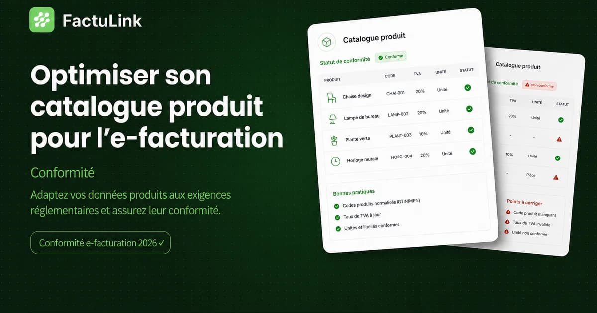 Modern flat illustration showing a clean digital product catalog interface with icons for GTIN, VAT rates and descriptio
