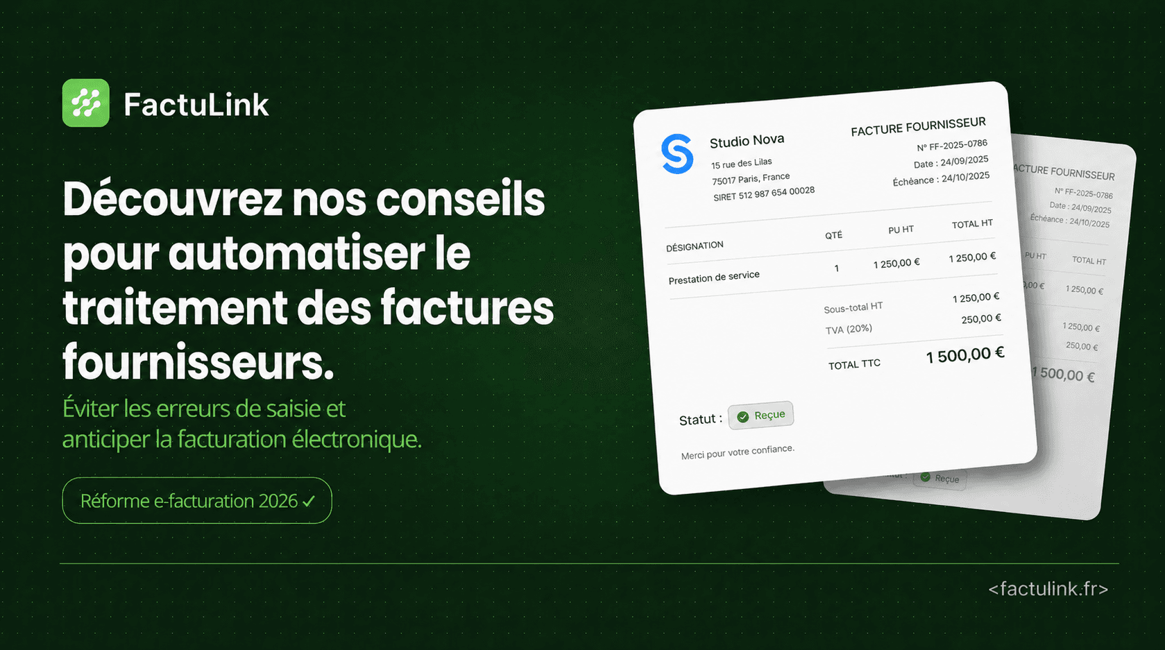 Bannière FactuLink présentant un exemple de facture fournisseur.